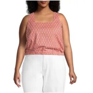 A.N.A Womens 100% Cotton Floral Geo Print Square Neck Top Retro Geo Red 2X